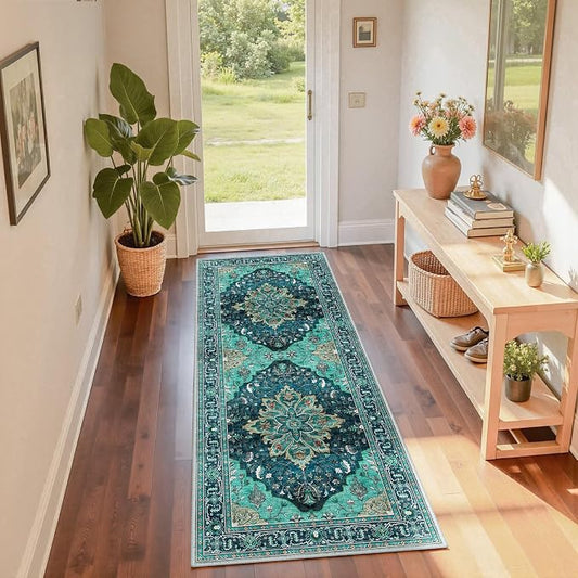 RELEANY Area Rugs Runner 2'x6' Washable Non-Slip, Floral Vintage Distress Medallion Carpet for Kitchen Hallway Bedroom Beside Laundry Room Bathroom, Teal Green Lake Blue Turquoise