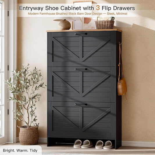 Nicetree Shoe Storage Cabinet for Entryway, 9.1" Ultra Slim 3-Drawer Flip Shoe Cabinet, Modern Black Farmhouse Hidden Shoe Organizer, Narrow Shoe Rack for Small Spaces