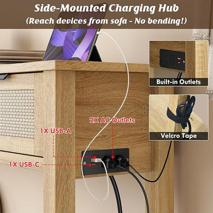 Rattan Entryway Table with 4-Port Charging Station (2 AC Outlets + USB/USB-C), 3 Drawers Storage & Open Shelf, Behind Couch Console Sofa Table for Hallway, Foyer - Natural Weave & Oak, 47 Inch