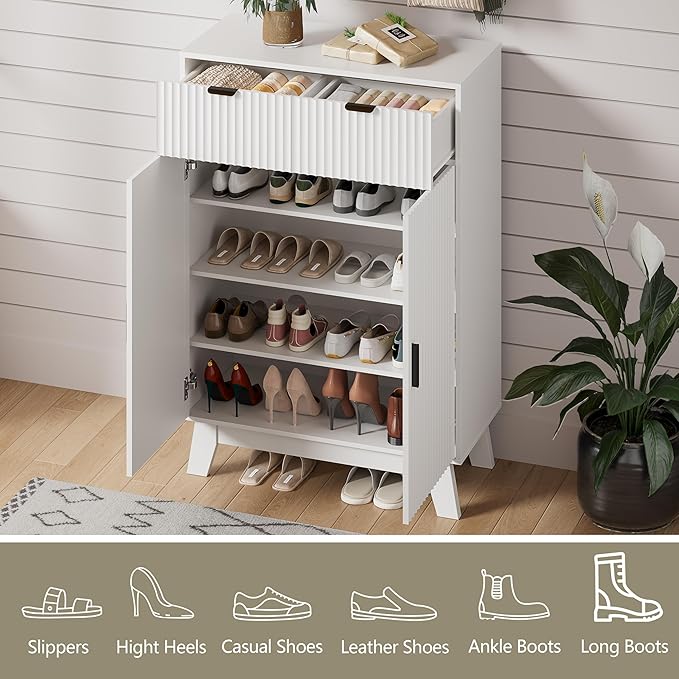 Shoe Cabinet Storage for Entryway, 4 Tier Fluted Shoe Storage Cabinet with 2 Drawers, Narrow Hidden Shoe Organizer with Adjustable Shelves, Freestanding Shoe Rack for Entryway, Hallway, White