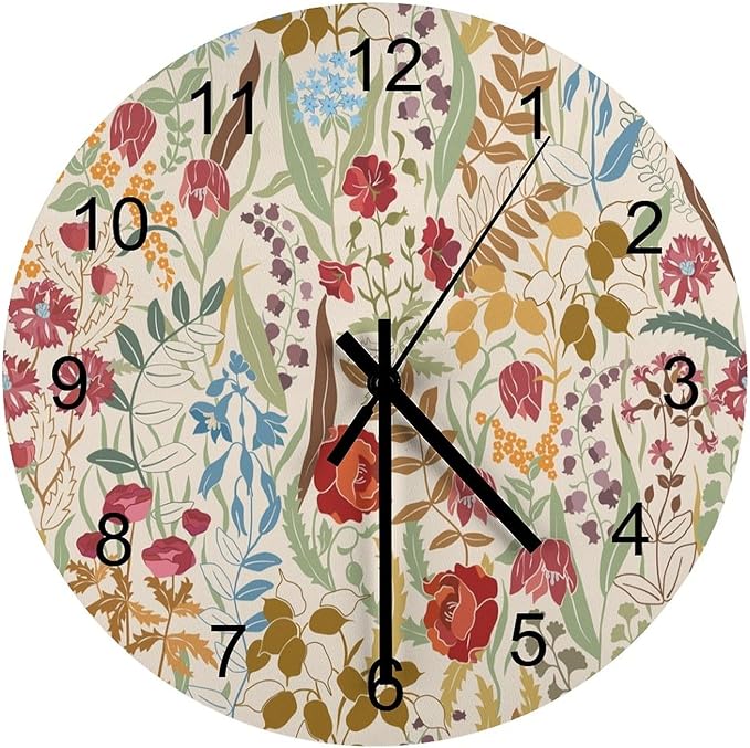 Retro Floral Wood Wall Clock, Vintage Flowers Botanical Garden Plants Herbs William Morris Style 12 Inch Silent Non-Ticking Battery Operated Round Clock for Bedroom Living Room Office Kitchen Decor