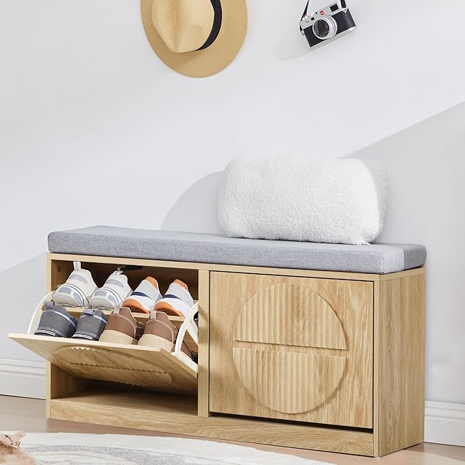 Narrow Shoe Storage Bench for Entryway, Wooden Shoe Cabinet with Flip Drawers& Adjustable Shelves, Shoe Rack Bench with Cushion, Shoe Organizer with Fluted Pattern for Hallway, Living Room (Natural)