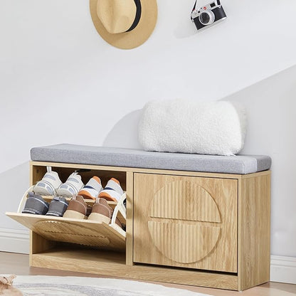 Narrow Shoe Storage Bench for Entryway, Wooden Shoe Cabinet with Flip Drawers& Adjustable Shelves, Shoe Rack Bench with Cushion, Shoe Organizer with Fluted Pattern for Hallway, Living Room (Natural)