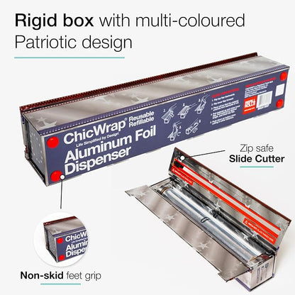 ChicWrap® Patriotic Refillable Aluminum Foil Dispenser - Includes One 12" x 30' roll of Professional Grade Aluminum Foil - BPA Free and Kosher Certified - Reusable Dispenser w/Slide Cutter