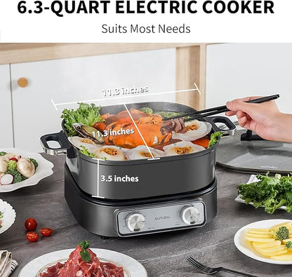 6-Quart Electric Skillet, Hot Pot | Non-Stick PFOA-Free Ceramic-Coated Pot, 1600W, Timer & 3 Power Settings for Steak, Egg, Ramen, Nonstick Pot
