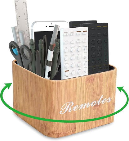 Hennaja Square Leather Art Supply Organizer,Remote Control Holder with Removable Dividers,360°Rotatable Pencil Holders,4 Compartments Organizer for Office Supplies Storage Box(1-Beige)