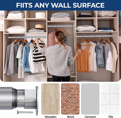 Mavivegue Closet Rod, 17 to 84 Inch Adjustable Closet Rods for Hanging Clothes, Silver Hanging Rod for Closet Wardrobes Laundry RV, Bathroom