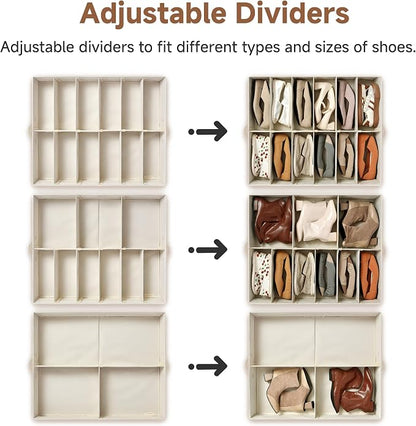 StorageWorks Underbed Shoe Storage Organizer for Closet, 2-Pack Fabric Under Bed Shoe Organizer with Adjustable Dividers, Fits up to 24 Pairs, Beige(Natural Texture)