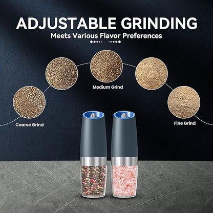 UNNEES Gravity Electric Salt and Pepper Grinder set of 2, Automatic Salt And Pepper Grinder Set, Adjustable Roughness, Battery Powered, LED Light, 2 Pack, (Grey)