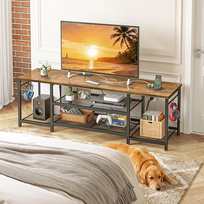 YGEOMER TV Stand for Up to 75 Inch TVs, Entertainment Center with Power Outlet and Open Storage Shelves, TV Media Console Table for Living Room and Bedroom, Rustic Brown