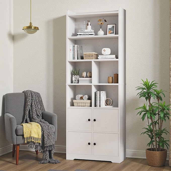 IRONCK Bookshelves and Bookcases with 4 Doors, 6-Tier Bookshelf with Storage Shelves 74.6 in Tall Bookcase for Home Office, Living Room, Bedroom, White