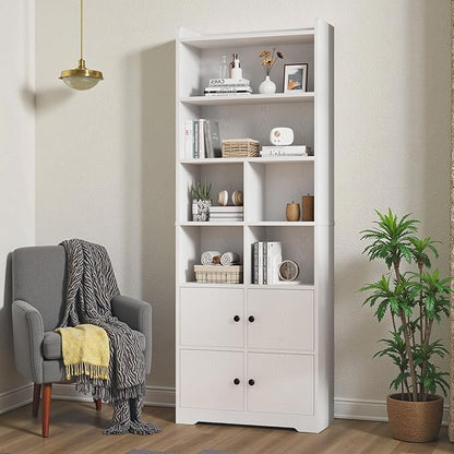 IRONCK Bookshelves and Bookcases with 4 Doors, 6-Tier Bookshelf with Storage Shelves 74.6 in Tall Bookcase for Home Office, Living Room, Bedroom, White