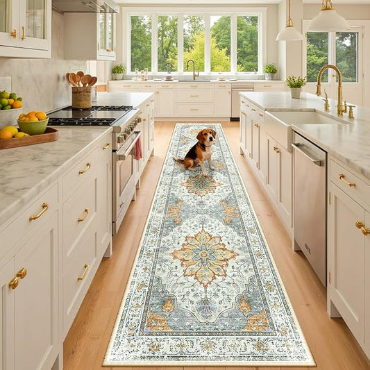 RELEANY Area Rugs Runner 3'x10' Washable Non-Slip, Floral Vintage Distress Medallion Carpet for Kitchen Hallway Bedroom Beside Laundry Room Bathroom, Beige Carbon Grey Orange