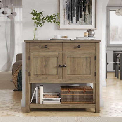 HOSTACK Farmhouse Console Table with 2-Door Cabinet & 2 Drawers, Coffee Bar, Entryway Table with Storage Shelf, Sofa Tables Buffet Sideboard for Kitchen, Hallway, Dining, Living Room, Rustic Brown