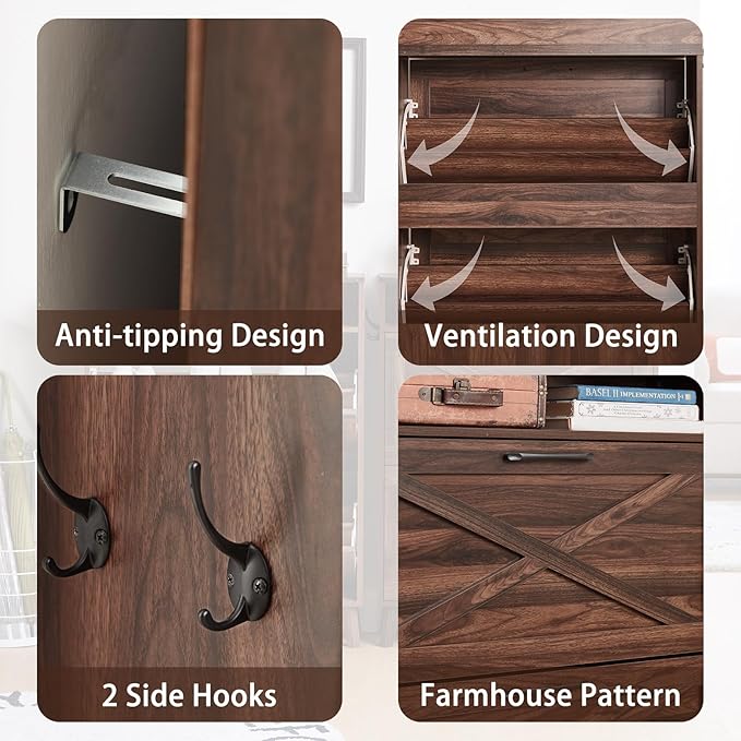 Shoe Storage Cabinet with 2 Flip Drawers, Farmhouse Shoes Organizer for Entryway, Narrow Hidden Shoe Rack with Legs & Open Storage, Freestanding Shoe Closet for Foyer, Hallway, Brown Walnut