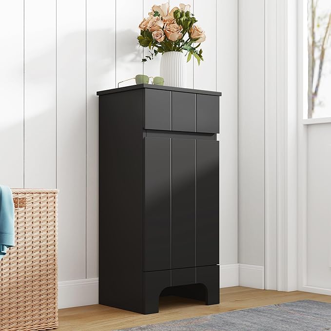Small Bathroom Cabinet with Adjustable Shelves, Drawer, Anti-Tip Design, 14.96" L x 11.81" W x 32.09" H, Durable MDF for Bathroom, Kitchen, Laundry Storage, Soft-Close Door