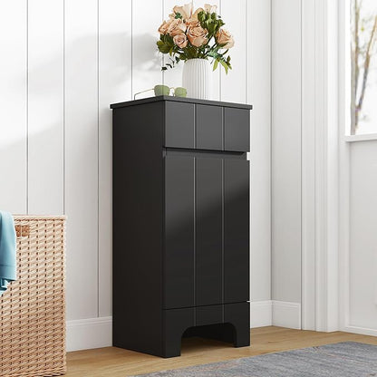 Small Bathroom Cabinet with Adjustable Shelves, Drawer, Anti-Tip Design, 14.96" L x 11.81" W x 32.09" H, Durable MDF for Bathroom, Kitchen, Laundry Storage, Soft-Close Door