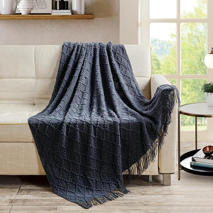 BOURINA Navy Throw Blanket 50 x70 Inches Jacquard Argyle Throw Textured Solid Soft Throws and Blankets for Sofa or Bed Knitted Decorative Blanket
