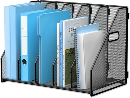 Desk File Organizer Metal Desk Magazine Folder Holder with 5 Vertical Compartments Rack File Organizer for Office, Home, School, Black
