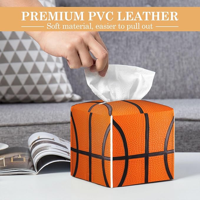 Basketball Tissue Box Cover Holder, Leather Tissue Case Holder Facial Paper Organizer Decorative for Tabletop Night Stands Desk Bathroom Kitchen Car Office Home Decor