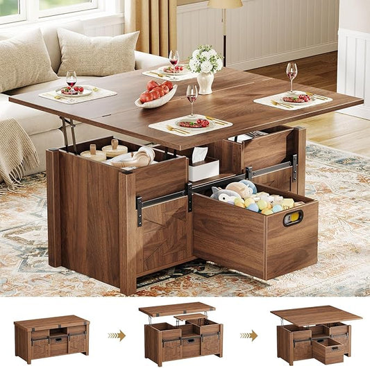 Memobarco 40" Farmhouse Lift Top Coffee Table with Sliding Barn Door,4 in 1 Multi-Function Coffee Tables with Storage Drawers & Hidden Compartment,Converts to Dining Table for Living Room,Walnut