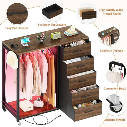 Cyclysio Dresser with Hanging Rack, 5 Fabric Drawers Dresser with Clothes Rack, Wooden Top Storage Chest of Drawers with Charging Station & LED Lights, Lockable Wheels, Closet