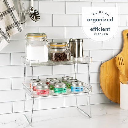 Masirs Clear Stackable Shelf, Easily Organize Your Kitchen Counter and Cabinet Shelves While Creating Extra Storage Space with This Foldable Translucent Plastic Shelf, (2-Pack)