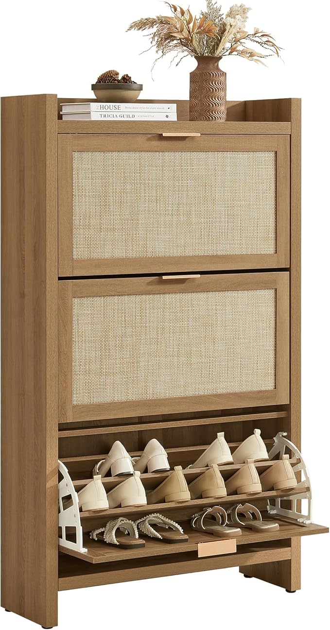 SICOTAS Rattan Shoe Storage Cabinet with 3 Flip Drawers, 30 Pairs Freestanding Shoe Cabinet Storage for Entryway, 57.4" Tall Farmhouse Narrow Shoe Organizer Rack Cabinet for Foyer, Hallway, Oak