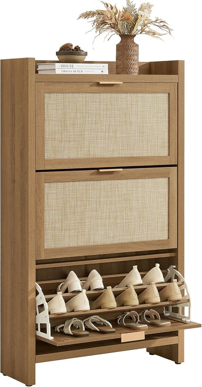 SICOTAS Rattan Shoe Storage Cabinet with 3 Flip Drawers, 30 Pairs Freestanding Shoe Cabinet Storage for Entryway, 57.4" Tall Farmhouse Narrow Shoe Organizer Rack Cabinet for Foyer, Hallway, Oak