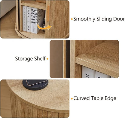 Fluted Round End Table with Charging Station, Farmhouse Small Sofa Side Table with Sliding Tambour Door & Storage, Mid-Century Wood Fulted Nightstands for Living Room, Bedroom ((Natural)