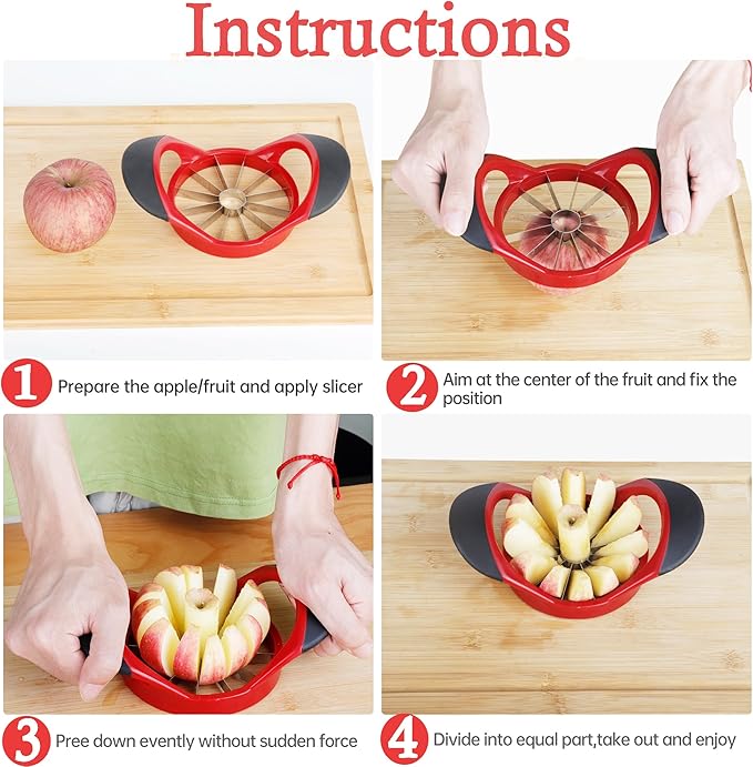 Apple Slicer,4.72 Inch Apple Corer and Slicer -Apple Cutter,Red | Stainless Steel Corer, 12 Sharp Blades,Anti-slip Handle,Hand wash/Dishwasher