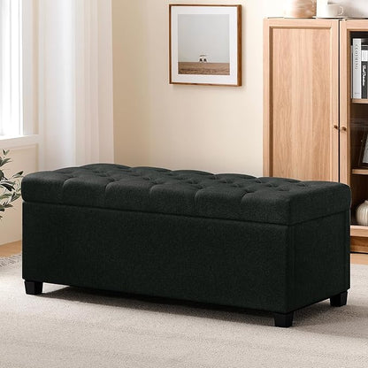 47.2" Ottoman with Storage, Storage Ottoman Bench with Safety Hinge,Tufted End of Bed Bench, Upholstered Entryway Bench for Bedroom, Living Room & Window (Blacklinen-Upgraded Version)