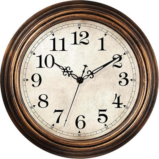 Wall Clock - 12 Inch Vintage Battery Operated - Retro Silent Non Ticking - Decorative Living Room Home Kitchen School Office