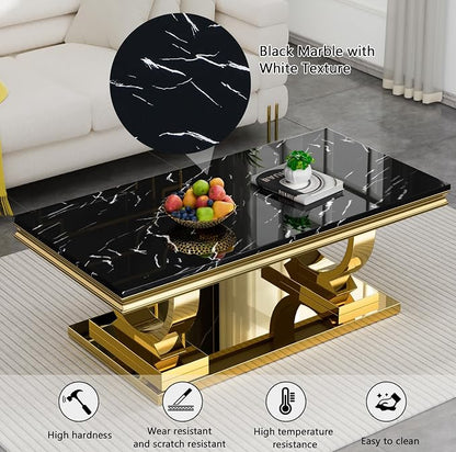 3 Piece Living Room Table Set Include 1 Faux Marble Coffee Table & 2 End Tables, Modern Black Gold Coffee Table Set of 3 with Double O Shape Stainless Steel Pedestal Base