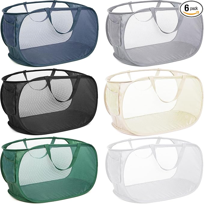 6 Pcs Durable Collapsible Laundry Baskets, Foldable Laundry Basket Large Opening, Pop Up Laundry Hamper with Pocket, Clothes Hamper with Handles for Laundry, Bathroom, Kids Room, Dorm or Trave