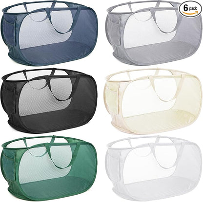 6 Pcs Durable Collapsible Laundry Baskets, Foldable Laundry Basket Large Opening, Pop Up Laundry Hamper with Pocket, Clothes Hamper with Handles for Laundry, Bathroom, Kids Room, Dorm or Trave