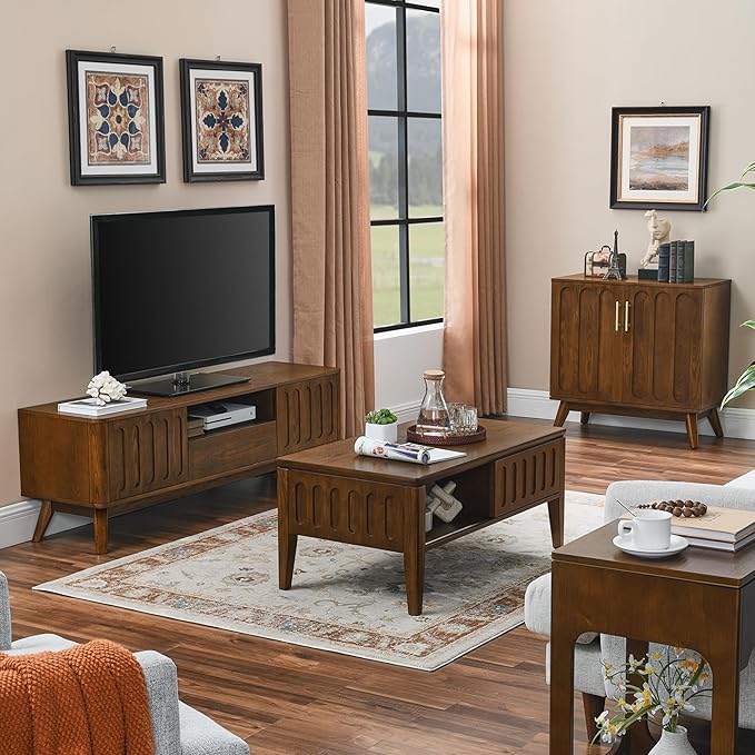 LKTART Sideboard Buffet,Mid Century Modern Storage Cabinet with Doors and Shelves, Boho Style Wooden Buffet Cabinet for Living Room,Walnut