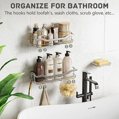 OMAIRA 3-Pack Shower Caddy with Soap Holder, Adhesive Rustproof No-drill Strudy Loading Inside Shower Organizer Shelves Rack Storage Bathroom Organization for Smooth Wall Glass Tile, Silver (X-Large)