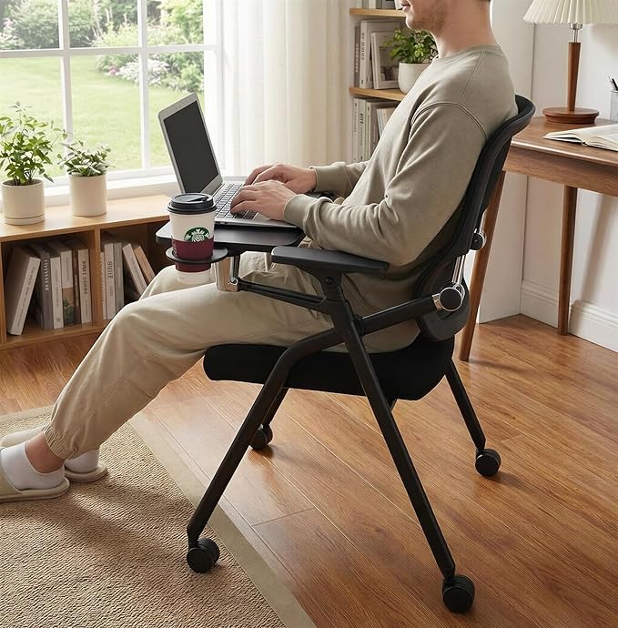 Updated Conference Room Chairs with Tablet Arm, Folding Office Desk Chair with Lumbar Support and Sliding Armrest with Casters, Stackable Office Guest Chairs & Reception Chairs, 1 Pack Black
