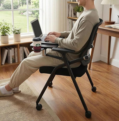 Updated Conference Room Chairs with Tablet Arm, Folding Office Desk Chair with Lumbar Support and Sliding Armrest with Casters, Stackable Office Guest Chairs & Reception Chairs, 1 Pack Black