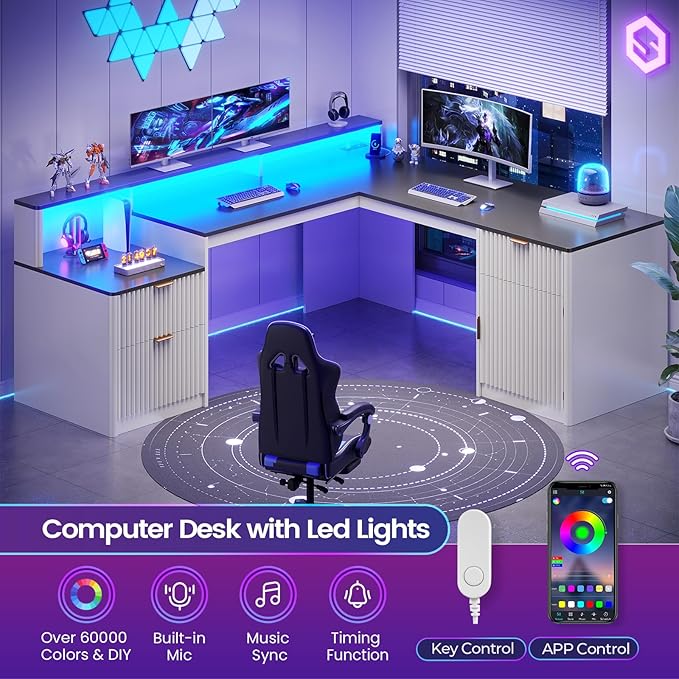 SEDETA 66" Modern L Shaped Desk with Drawers, Fluted Home Office Desk with File Cabinet and Printer Shelf, Wood Executive Desk with Monitor Stand, Led Lights, Power Outlets, White