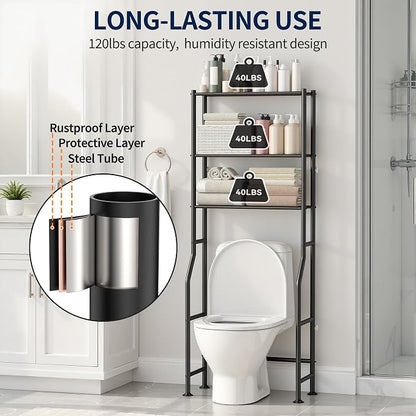 GloTika 3-Tier Over Toilet Storage Rack, Metal Over Toilet Bathroom Organizer Shelf, Freestanding Space Saver Storage Shelves for Bathroom/Laundry/Living Room (Black)