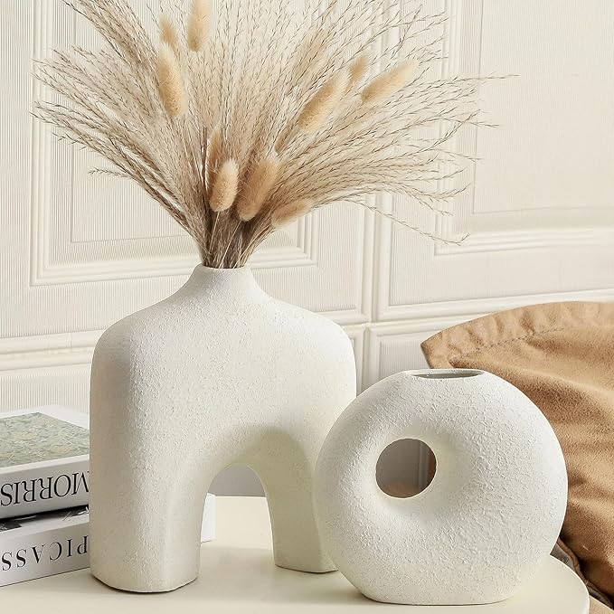 Dobbyby Ceramic Vase Set of 2, Modern Donut Vases for Minimalist Nordic Home Decor, Waterproof Round Vase, Decorative Centerpiece Vases for Living Room, Entryway, Table Decor (02-Rustic Cream)