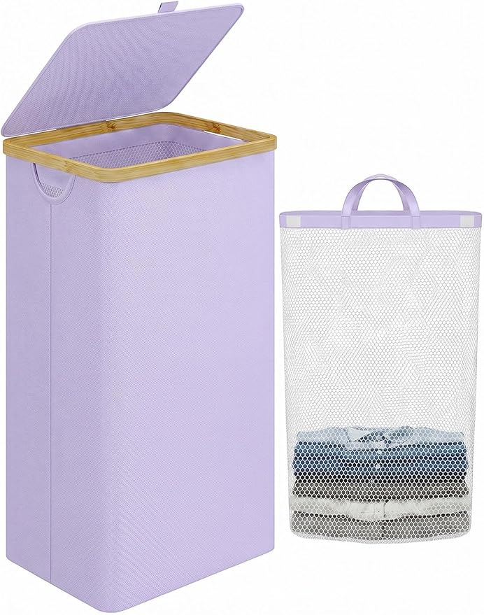 Laundry Hamper with Lid, 110L Large Laundry Basket with Removable Bag, Clothes Basket Hamper with Bamboo Frame for Clothes Towels Organizer- Purple