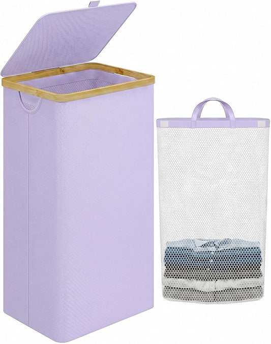 Laundry Hamper with Lid, 110L Large Laundry Basket with Removable Bag, Clothes Basket Hamper with Bamboo Frame for Clothes Towels Organizer- Purple