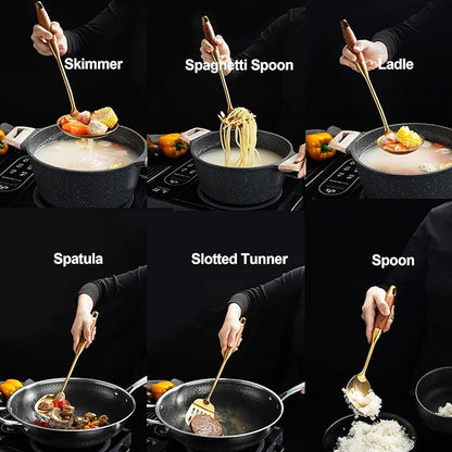 Gold Kitchen Utensils Set with Wooden Handle, 6 PCS Professional 18/10 Stainless Steel Cooking Utensils Set, Wok Spatula, Ladle, Skimmer, Slotted Spatula Turner, Spaghetti Spoon, Large Spoon