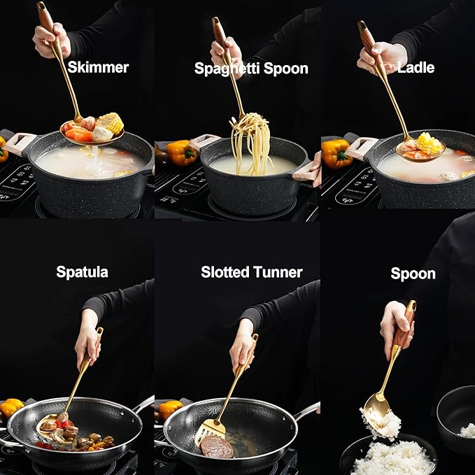 Gold Kitchen Utensils Set, 9 PCS 18/10 Stainless Steel Cooking Utensils with Wood Handle, Solid and Slotted Spoon, Fork, Spatula, Ladle, Skimmer, Slotted Tunner, Spaghetti and Large Spoon