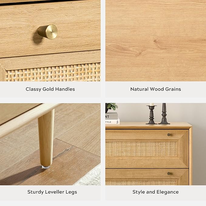 Rattan 3 Drawer Dresser for Bedroom, Modern Dresser Wood Chest of Drawers with Metal Handles,Boho Storage Cabinets Corner Bedside Table for Bedroom, Living Room, Entryway, Natural Oak
