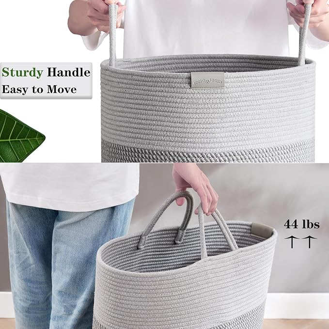 80L Extra Large Grey Laundry Hamper Basket, Tall Woven Hamper for Bedroom, Cotton Rope Laundry Basket for Clothes, 16x22 Inches