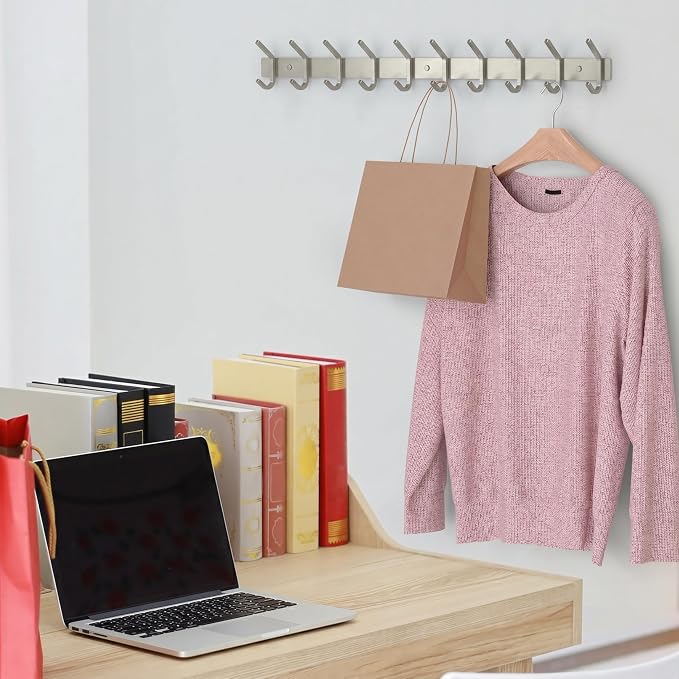 Coat Rack Wall Mount – Brushed Nickel 30 Inch Stainless Steel Hook Rail with 10 Heavy Duty Double Coat Hooks – Wall Mounted Coat Hanger for Entryway, Bathroom, Bedroom, Towel, Hat Organizer